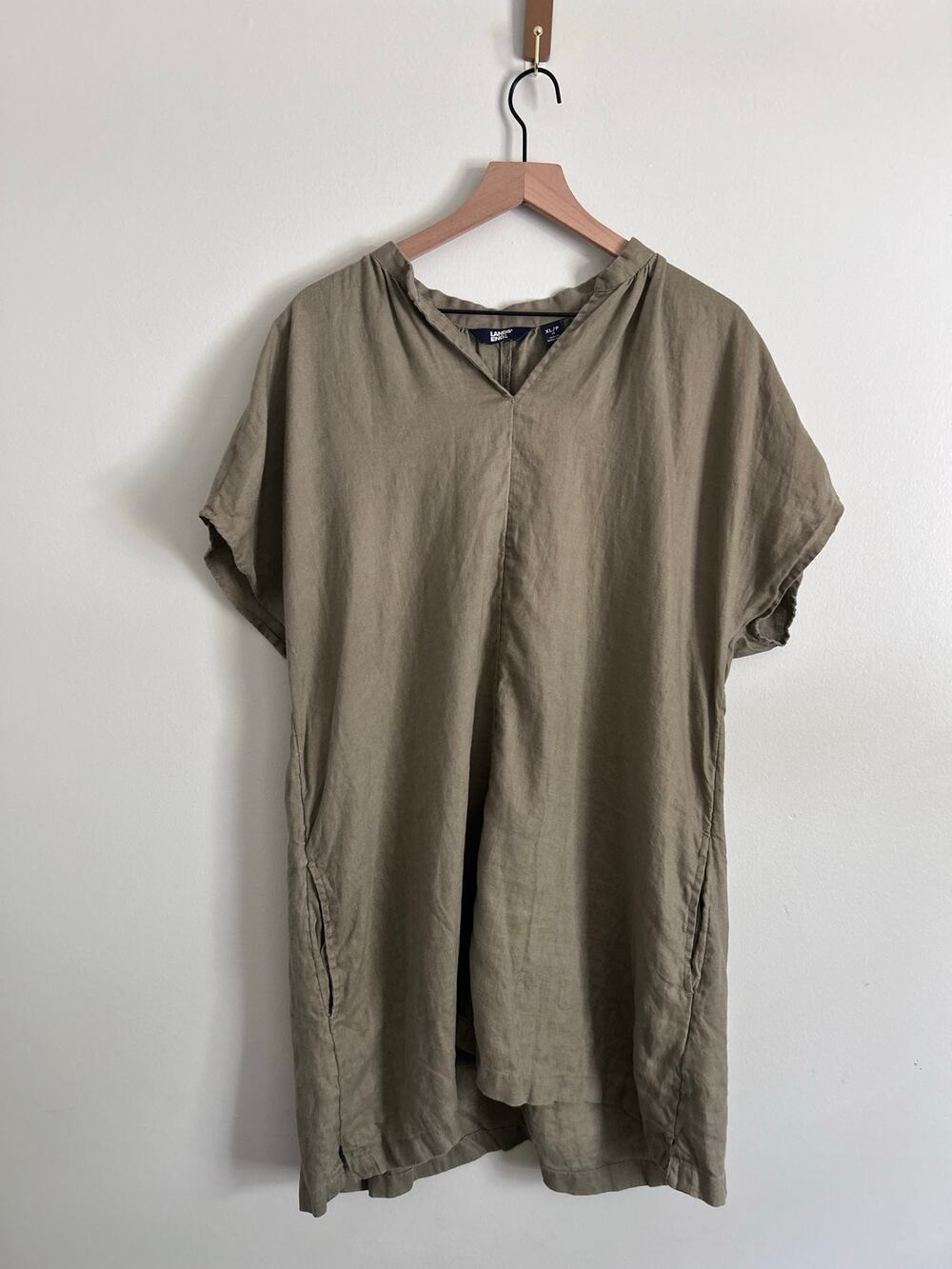 Lands' End 100% Linen Short Sleeve Shift Dress Olive Green Plus Size XL 18W-20W